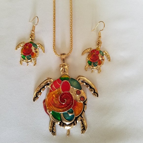 🐢🌻Colorful Turtle (Enamel) with Matching Earrings - NWOT🌻🐢 - Picture 1 of 12
